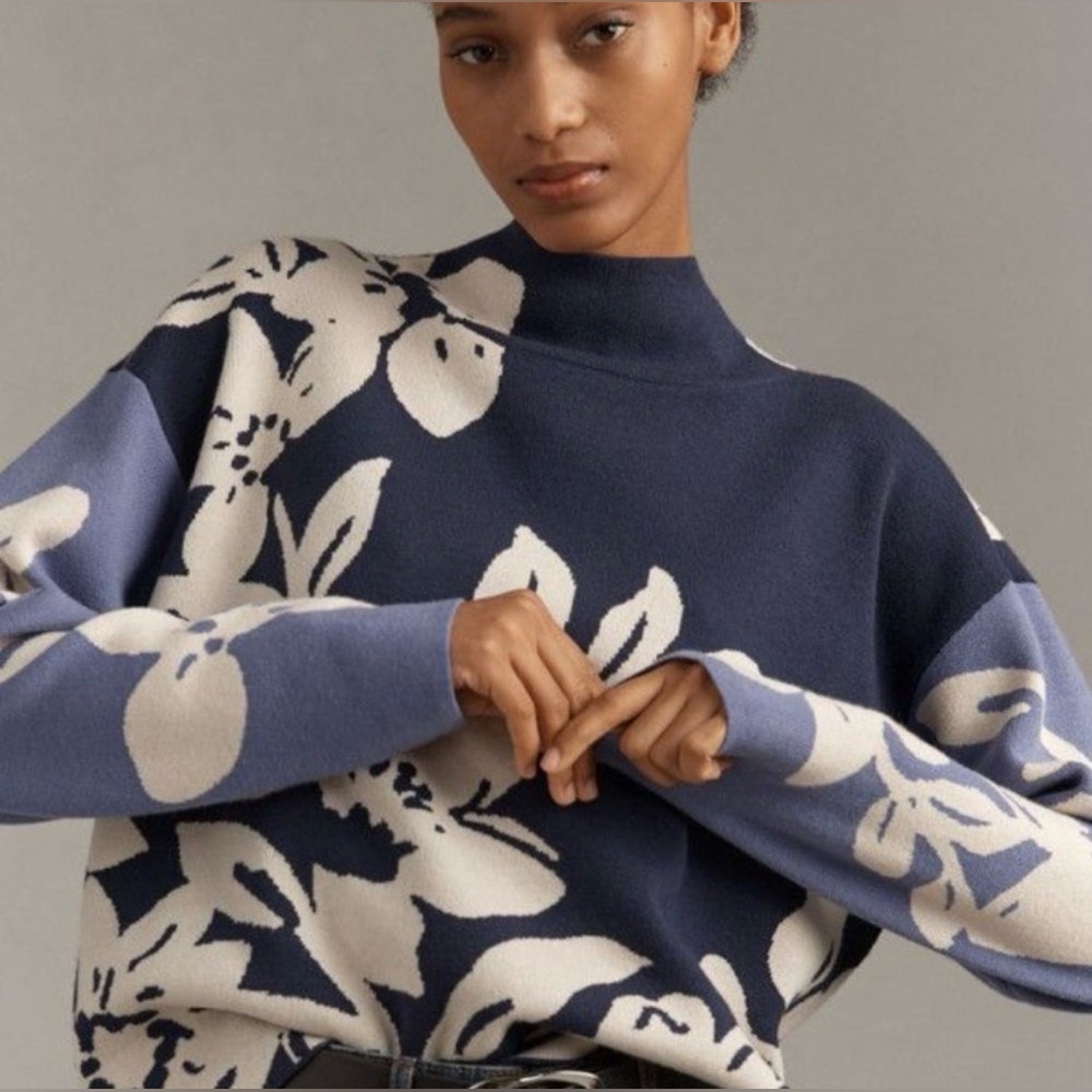 Maeve Cary’s Mock Neck Floral Patterned Navy and Cream Sweater